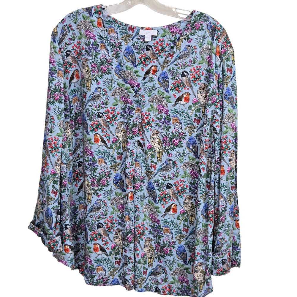 J. Jill Blouse Womens 3X Blue Perched Birds Botanical Print V-Neck Long Sleeve